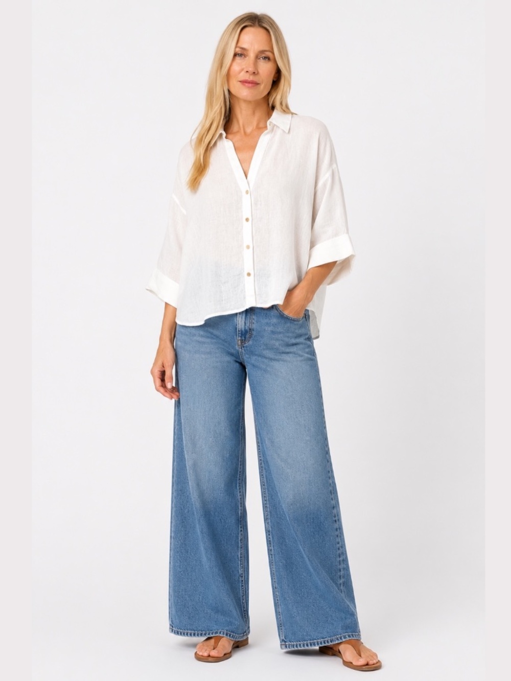 ZARA 100% Linen White Button Front Boxy Shirt Pleated Back Cuffed Sleeves Sz L